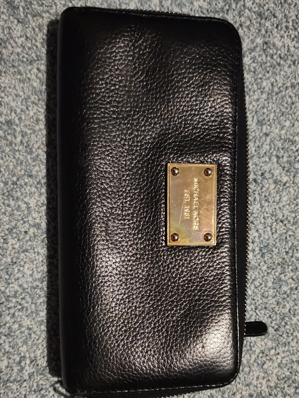 Michael Kors Black Leather Zip-Around Wallet with Gold Plate